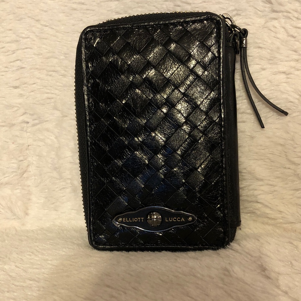 Elliott Lucca Black Textured Woven Leather Wallet 6” X 4”